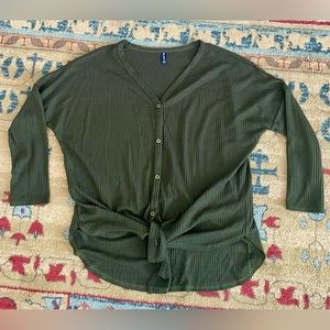 Olive Green Thermal Tie-Front “Cardigan” shirt